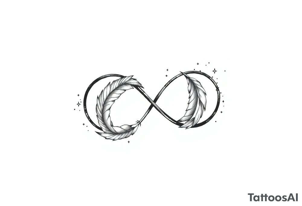 infinity symbol woven with floating feathers and stardust tattoo idea