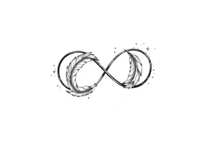 infinity symbol woven with floating feathers and stardust tattoo idea