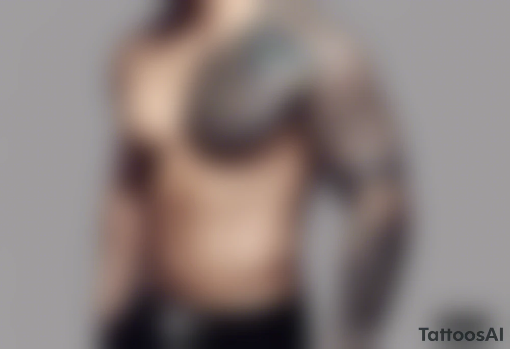 full sleeve tattoos for men with sacred geometry mixed tropical theme going from left chest to left hand with black outlines used throughout. Mixed with tropical flowers. tattoo idea