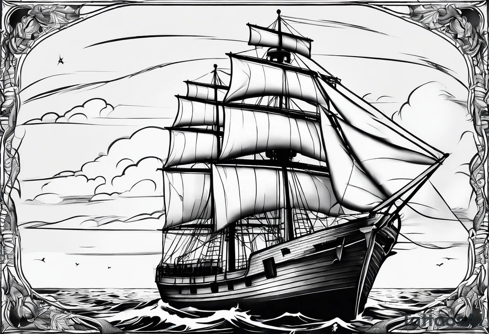 ghost marine lighthouse behind the bow of a sailboat. tattoo idea