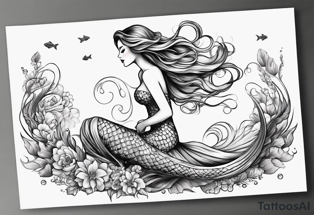 sexy full bodied mermaid with long 
flowing tail and hair, tattoo sleeve tattoo idea