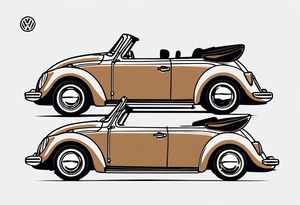 VW beetle convertible, side profile, top-down, modern, linework, minimal, no shadow or solid shading, brown linework tattoo idea