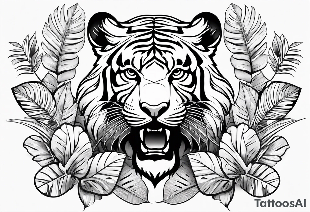 Full tattoo sleeve with minimalist tiger, monstera foliage, beach landscape tattoo idea