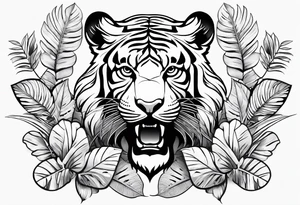 Full tattoo sleeve with minimalist tiger, monstera foliage, beach landscape tattoo idea