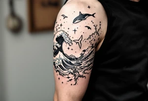 Fine line powerful ocean half sleeve with a wave, a whale and other elements with some shading tattoo idea