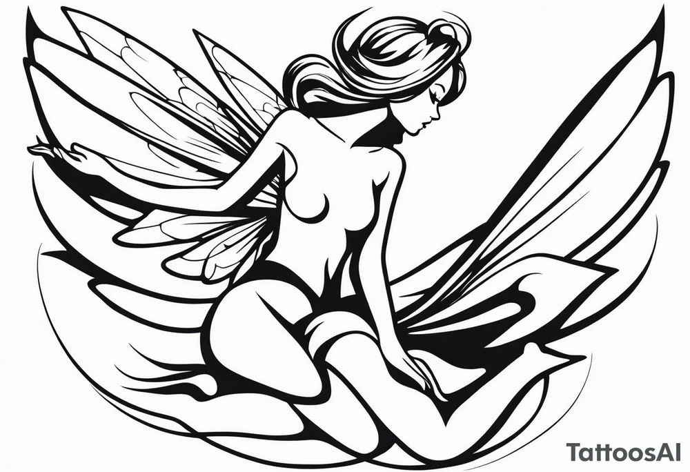 Minimalistic, monochromatic fairy with a tail flying to the left in a fetal position, leaning and looking in the same direction, with visible hands, embodying the 'Fairy Tail' logo aesthetic. tattoo idea