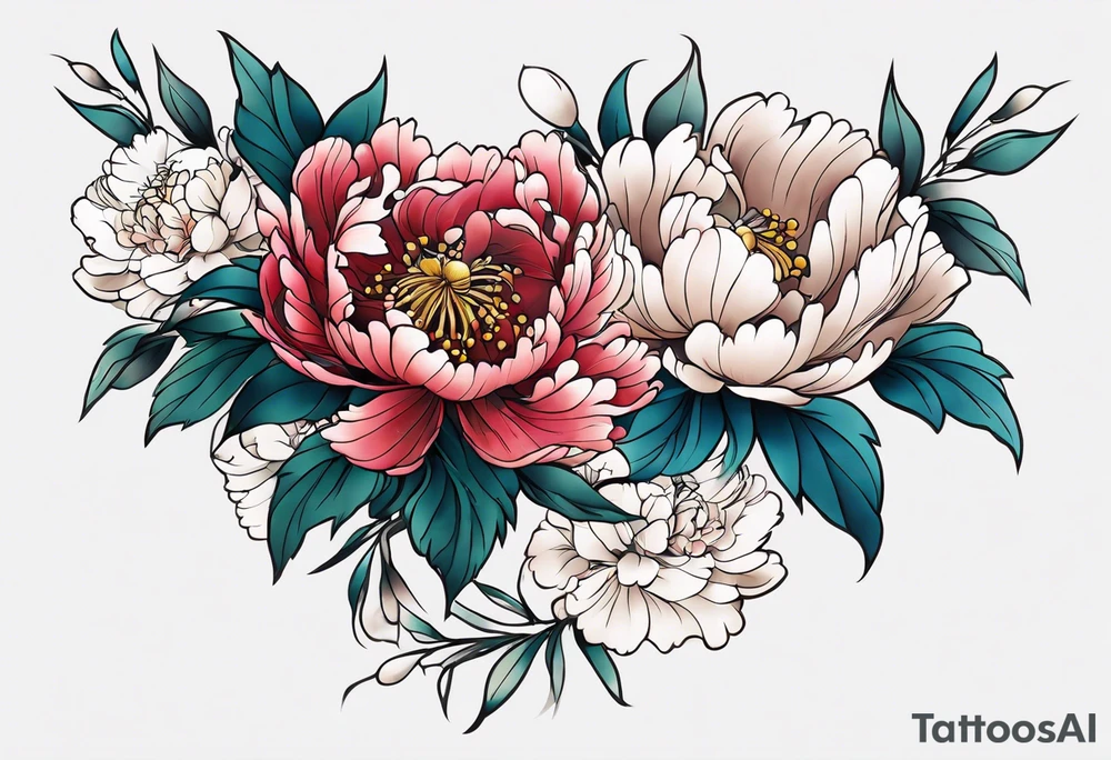 Shoulder and forearm tattoo for woman. Japanese style peony flowers bunch with stems extended to the forearm. Lightly coloured. Thin lines. tattoo idea