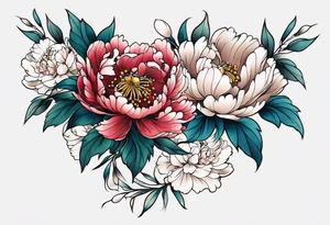 Shoulder and forearm tattoo for woman. Japanese style peony flowers bunch with stems extended to the forearm. Lightly coloured. Thin lines. tattoo idea