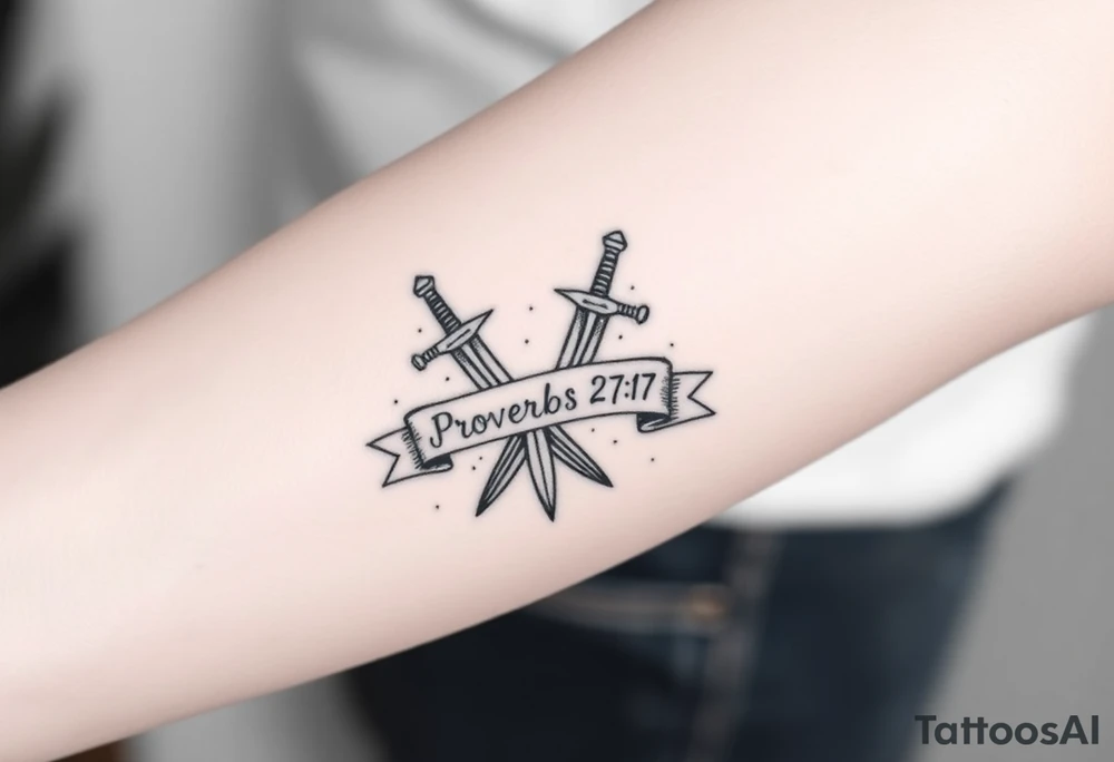 Two swords in a forearm tattoo sketch style, with a flowing banner that reads “Proverbs 27:17” Black ink, simple and bold. tattoo idea