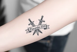 Two swords in a forearm tattoo sketch style, with a flowing banner that reads “Proverbs 27:17” Black ink, simple and bold. tattoo idea