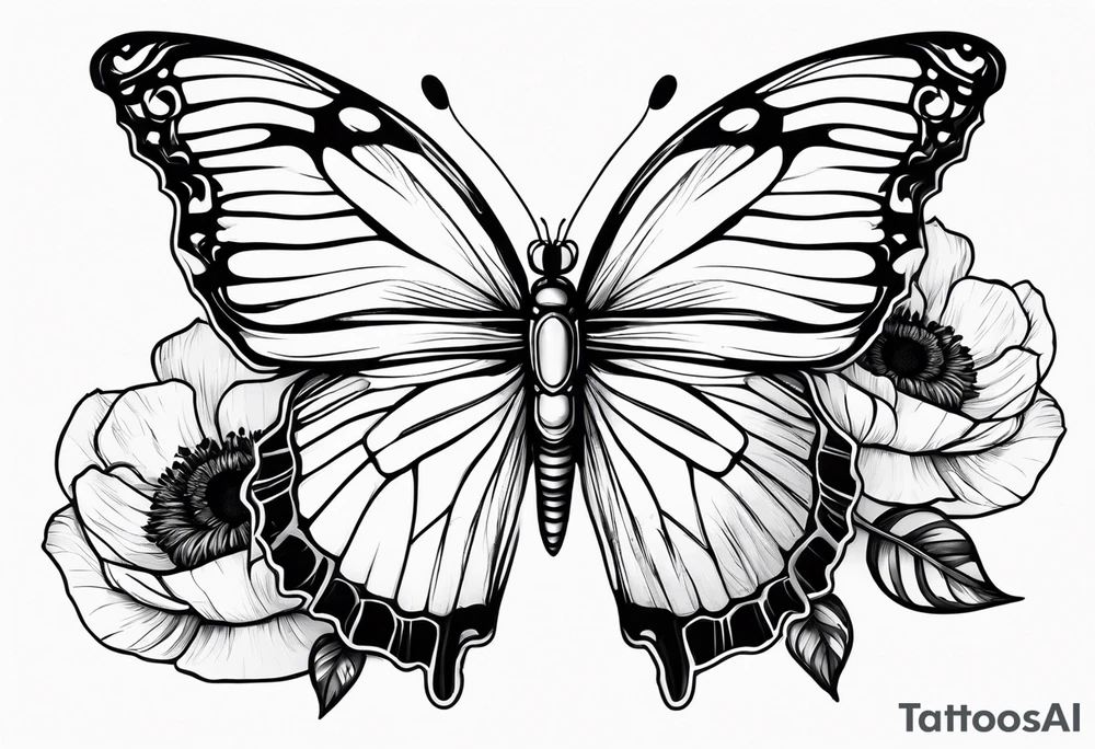 Butterfly with poppy flowers as the top wings tattoo idea