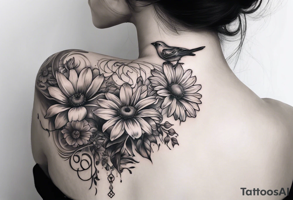spiritual whole neck sleeve with a flying sparrow on side of neck with cosmos flower and a daisy flower and an iris flower, with staircase
 leading up to light and sunrays, ohm symbol on throat part of neck  about consciousness and transcendence. whole neck sleeve tattoo idea
