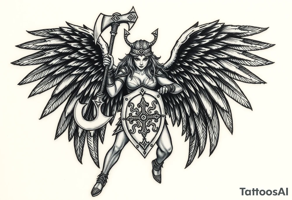 A fierce looking Valkyrie with very big dark wings. The whole body with legs should be visible. 
She's wielding a menacing axe and a sturdy shield with a vegvisir symbol. tattoo idea