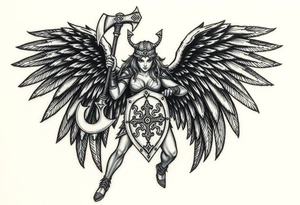 A fierce looking Valkyrie with very big dark wings. The whole body with legs should be visible. 
She's wielding a menacing axe and a sturdy shield with a vegvisir symbol. tattoo idea