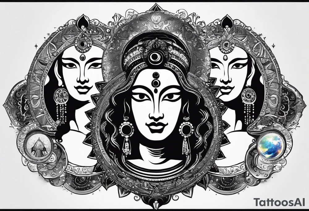I want the sleeve to be about time space continuum, purpose, desire and ambition linked to it. I want the concept to me about how Miniscule we are in this universe but how we feel big and lose perspective and a sense of purpose. I also want Shiva to be added to the tattoo as shiva is considered the destroyer which scientifically goes back to big bang. SO create a tattoo for me in geometric design for my whole right arm tattoo idea
