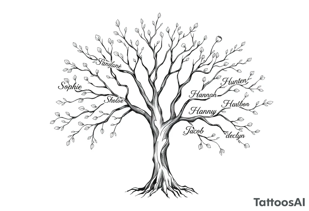 family tree tattoo with names sophie, chloe, shannon, hannah, hunter, jacob and declyn tattoo idea