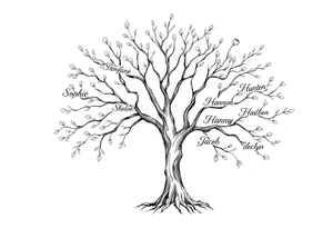 family tree tattoo with names sophie, chloe, shannon, hannah, hunter, jacob and declyn tattoo idea