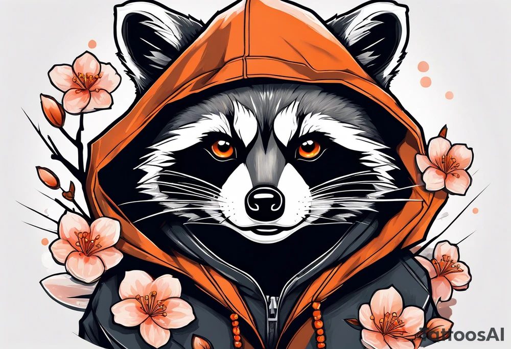 Raccoon wearing a white Superman logo on a black hoodie and orange Japanese cherry blossoms tattoo idea