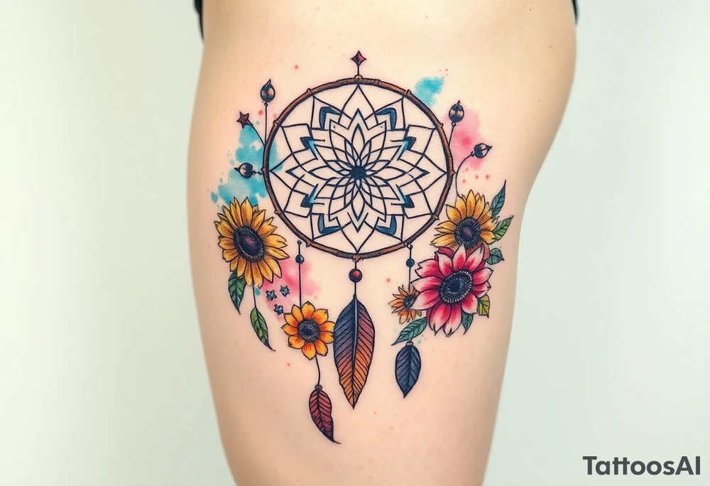 Dreamcatcher with zodiac symbols and protection runes caught in it with tigerlillies roses and sunflowers tattoo idea