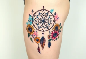 Dreamcatcher with zodiac symbols and protection runes caught in it with tigerlillies roses and sunflowers tattoo idea