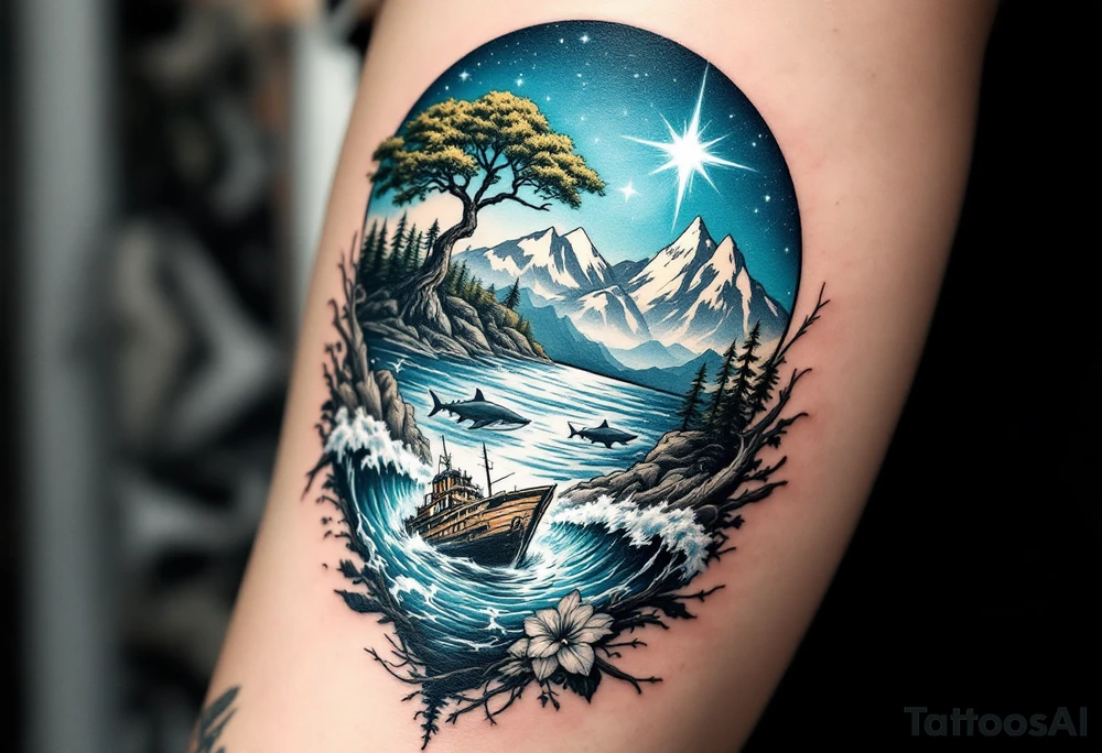 tattoo that has an acacia tree with forest mountains, ocean with a ship wreck with sharks and the bright northern star tattoo idea