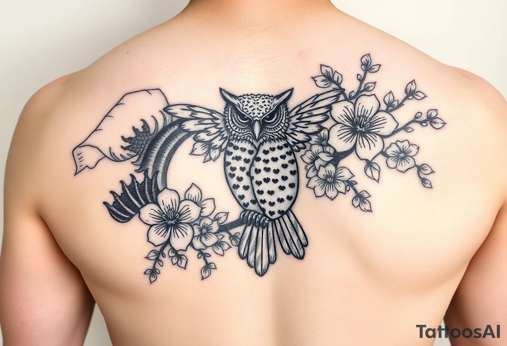 Something to come down for my sleeve I have waves and Japanese cherry blossoms and an owl on it tattoo idea