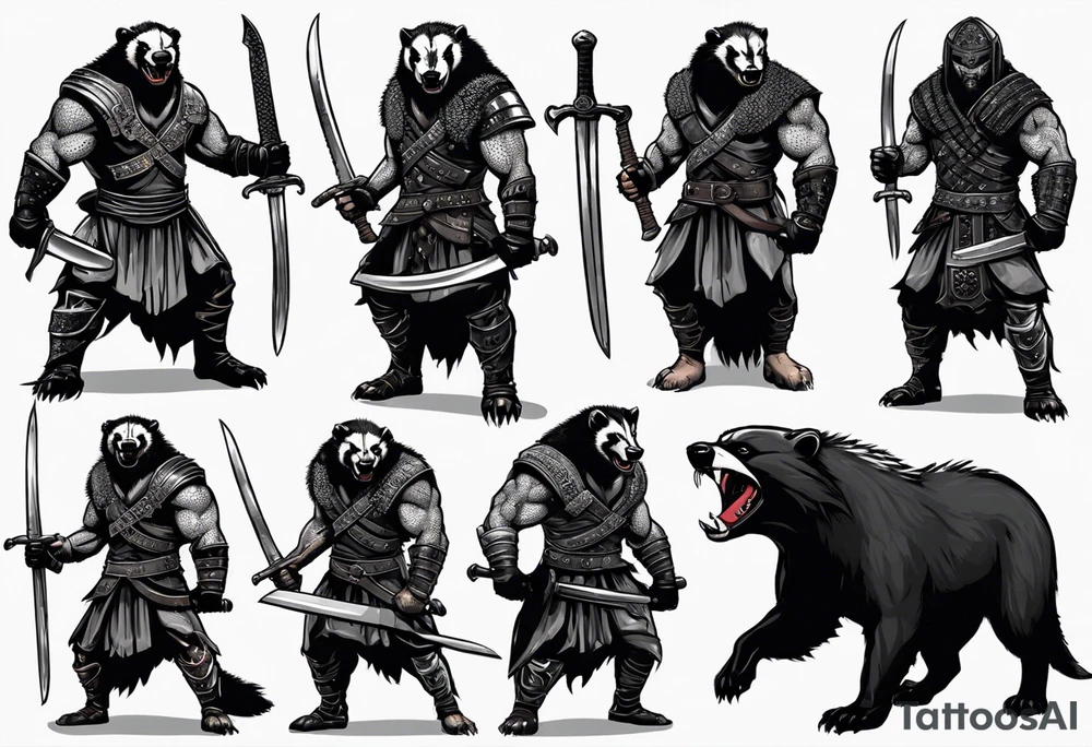 Draw me psychopath Honey Badger/Berserker with aggressive full body, killer face with a scary smile, very long nails and he attacks like a Bloody Assassin/Warrior/Gladiator to us and also, he has very deadly looking. He fights with his nails. Everybody scares after their first sight. Give me horror type Badger Tattoo. I want to see his Realistic full body with no weapons. tattoo idea