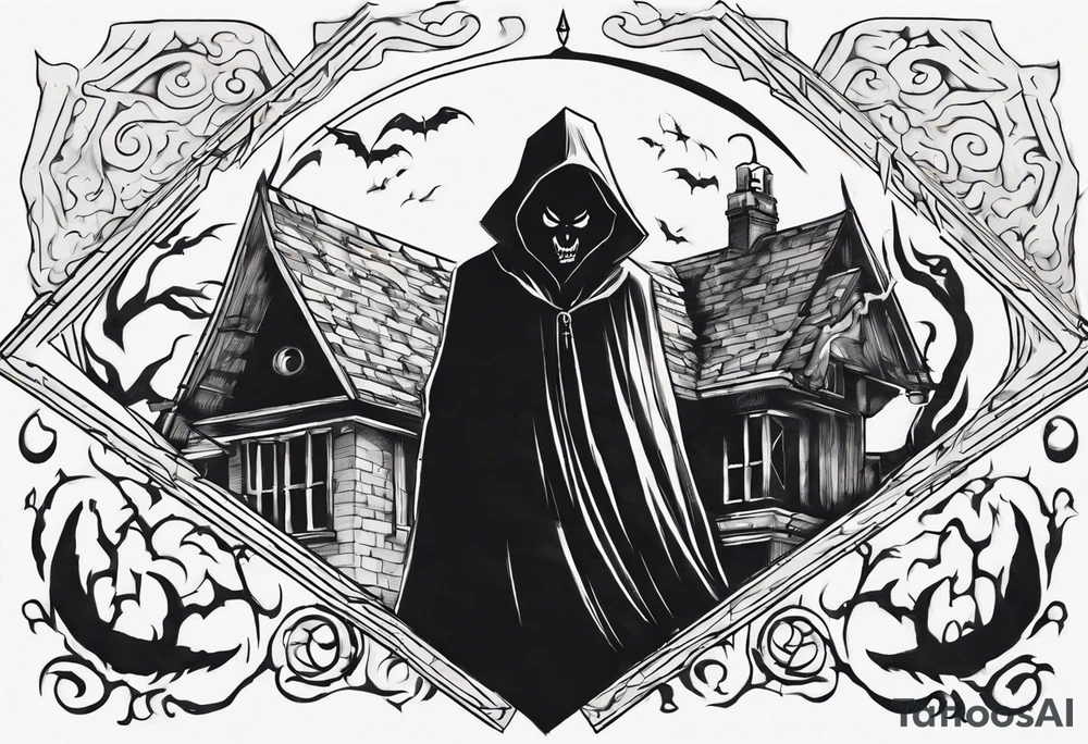 A black demonic shadow lifting the roof, peering out into the surroundings with an ominous presence. tattoo idea