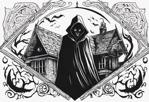 A black demonic shadow lifting the roof, peering out into the surroundings with an ominous presence. tattoo idea