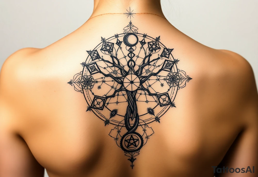 Sephiroth tree tattoo with sacred geometry and cosmic elements 10 Sephiroth Kabbala tattoo idea