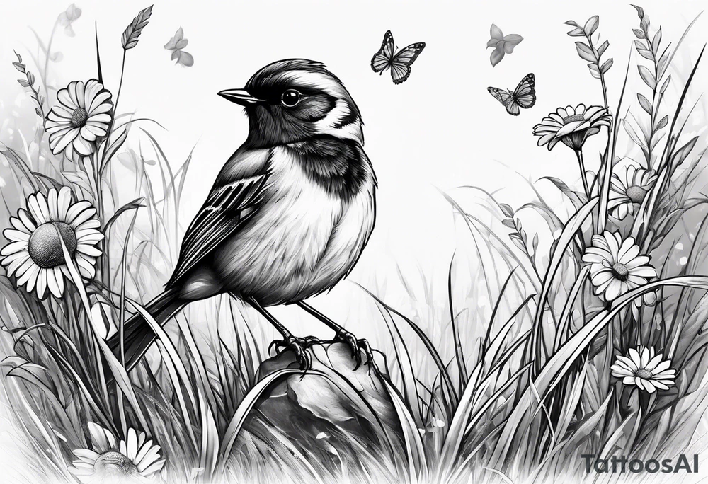 Little bird perched in grass with a daisy tattoo idea