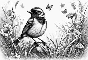 Little bird perched in grass with a daisy tattoo idea