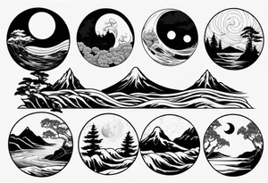 daytime yin with sun and ocean waves imagery in style of Hokusai with night time yin with moon and trees and mountains tattoo idea