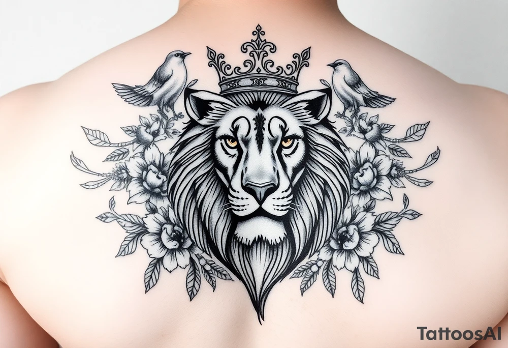 powerful majestic lion with a crown, surrounded by floral ornaments and birds tattoo idea