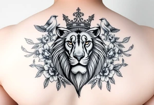 powerful majestic lion with a crown, surrounded by floral ornaments and birds tattoo idea