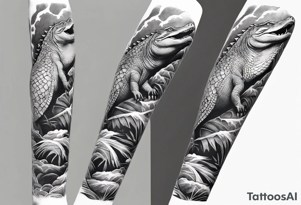 Arm sleeve with alligators and lightning tattoo idea