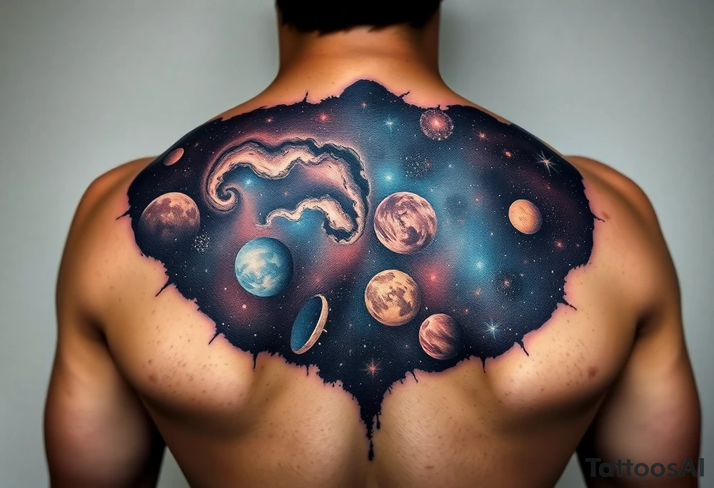 Beautiful and epic 3d milky way that appears to be what is beneath the skin. Make it drape over the shoulder and move to the middle back. use negative spaces to create planets and stars.Keep it symmetrical tattoo idea