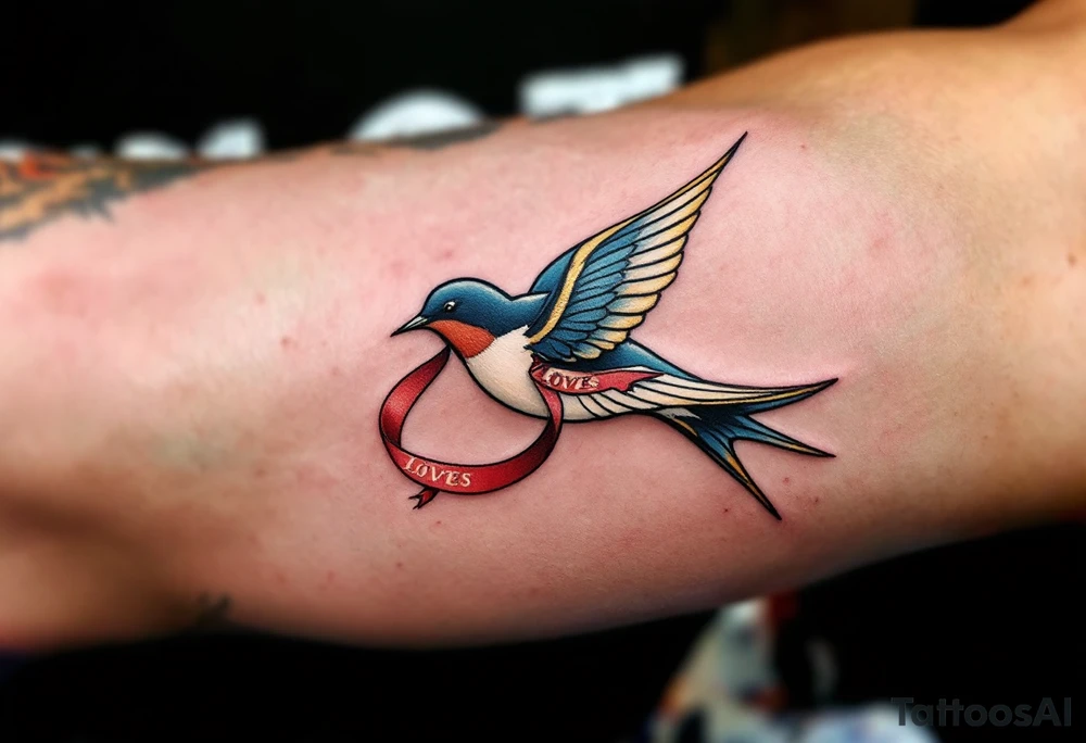 A graceful swallow in mid-flight, wings outstretched, with deep navy and soft white feathers, accented by a golden sheen on its wingtips. A red ribbon flows from its beak, carrying the initials of loved ones, symbolizing loyalty and safe travels. tattoo idea