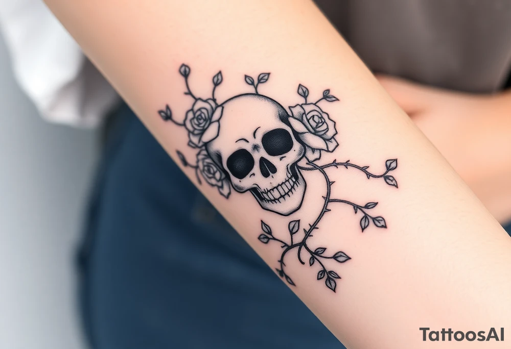 gothic skull intertwined with climbing roses and thorny vines tattoo idea