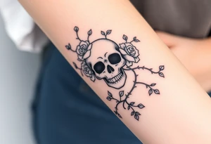 gothic skull intertwined with climbing roses and thorny vines tattoo idea