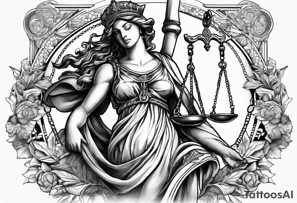 Lady Justice with bible scripture wrapping around her tattoo idea Lady Justice with bible scripture wrapping around her tattoo idea