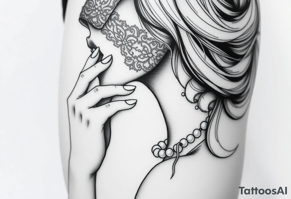 Black and white profile of woman with chin pressed on hand, lace covering  her eyes while sucking 
 on pearl necklace tattoo idea