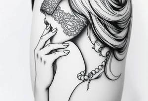 Black and white profile of woman with chin pressed on hand, lace covering  her eyes while sucking 
 on pearl necklace tattoo idea