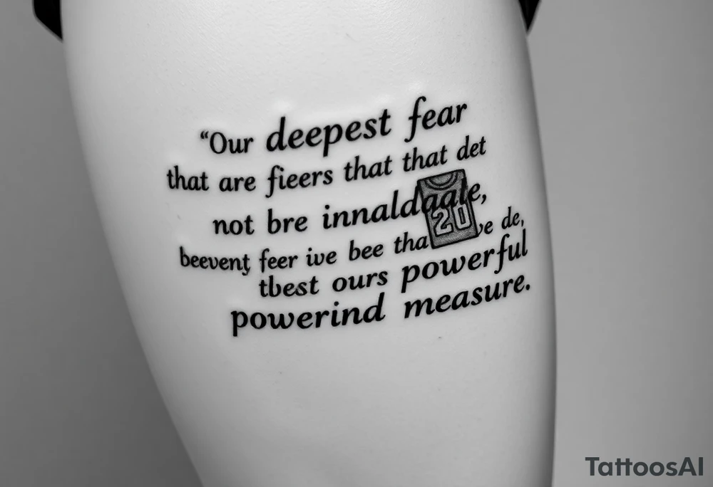 the quote is “ Our deepest fear is not that we are inadequate, Our deepest fear is that we are powerful beyond measure” intertwined with meaningful basketball jerseys or events tattoo idea