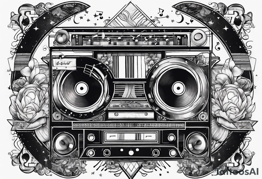 geometric tattoo with music notes, a cassette tape, and abstract instruments tattoo idea
