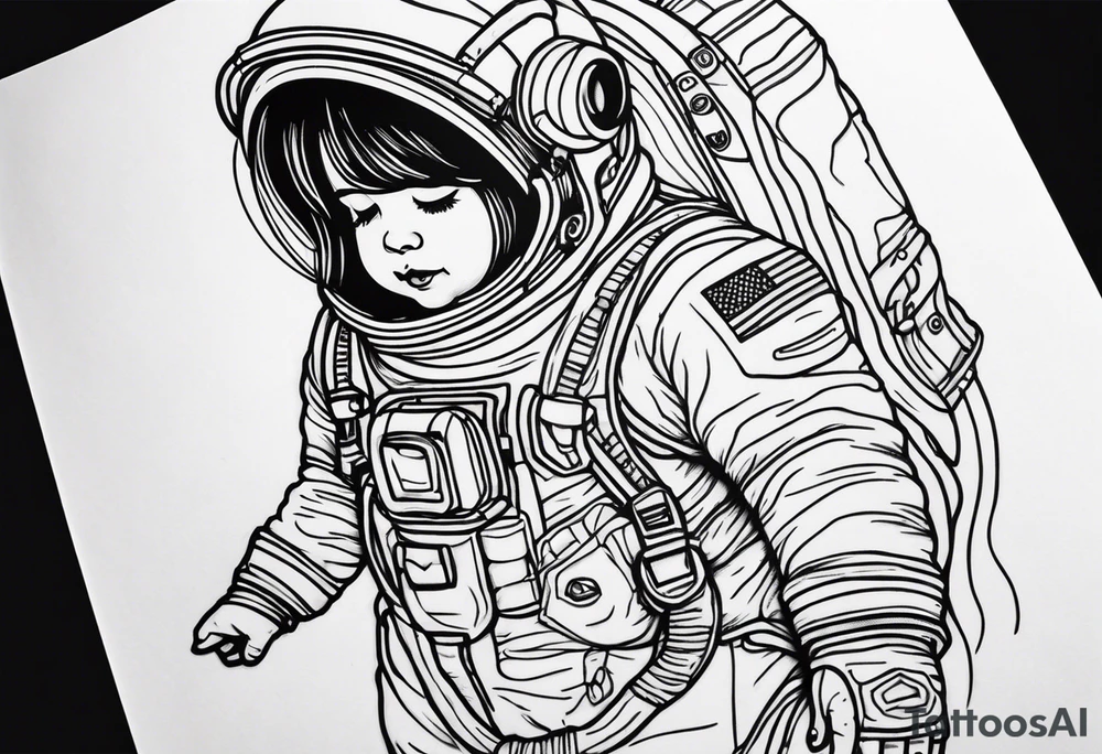 large astronaut space suit hand holding a very little girl in a dress tattoo idea