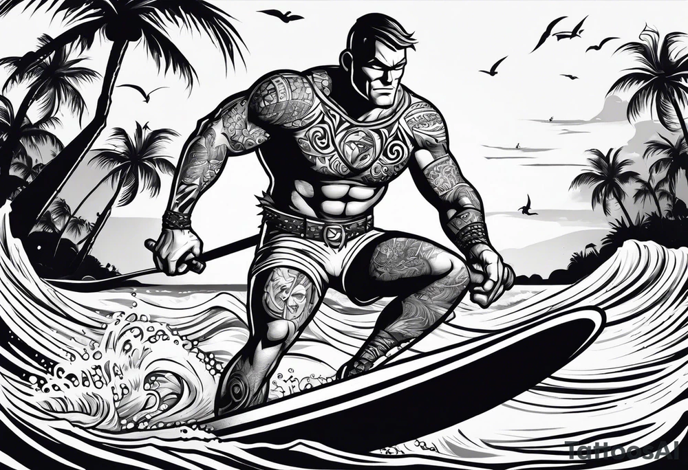 beachbum superhero on a surfboard with tiki guys tattoo idea