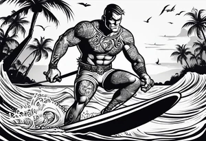 beachbum superhero on a surfboard with tiki guys tattoo idea