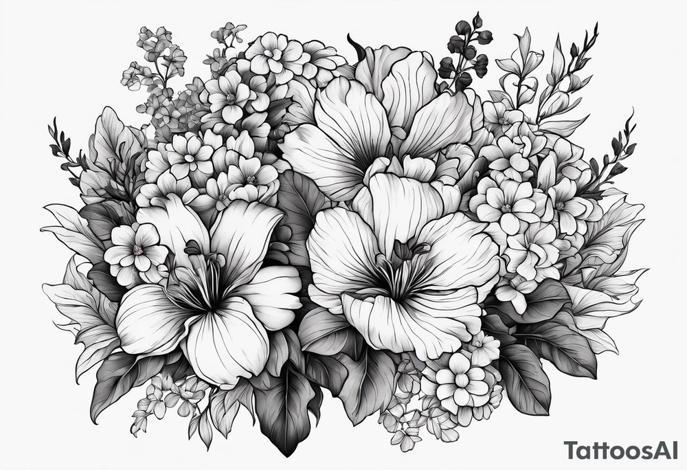 Flower bouquet filled with violets, irises and chrysanthemums tattoo idea