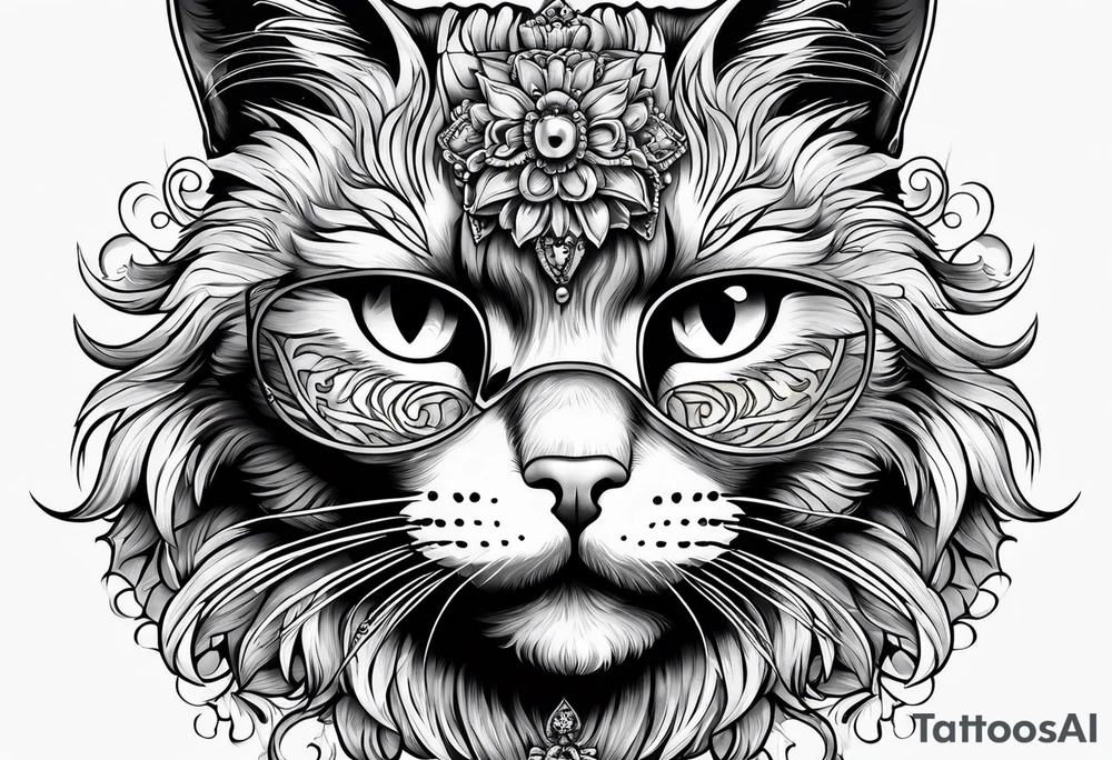 cat with empty eyes with paws above a skull tattoo idea
